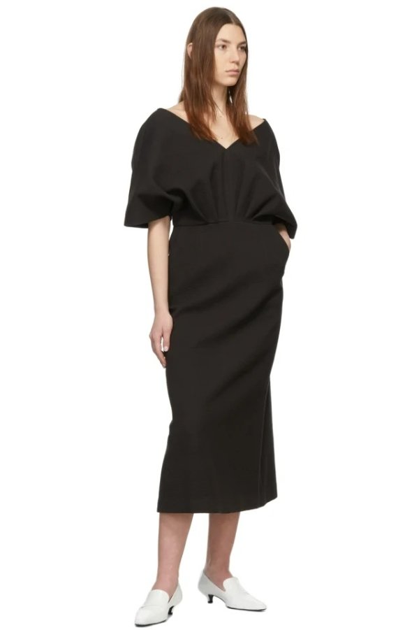 Black Cotton Mid-Length Dress