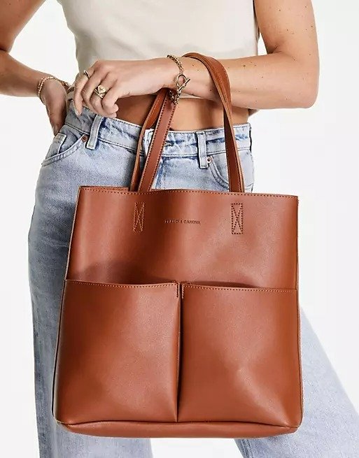 unlined two pocket tote bag with removable pouch in tan