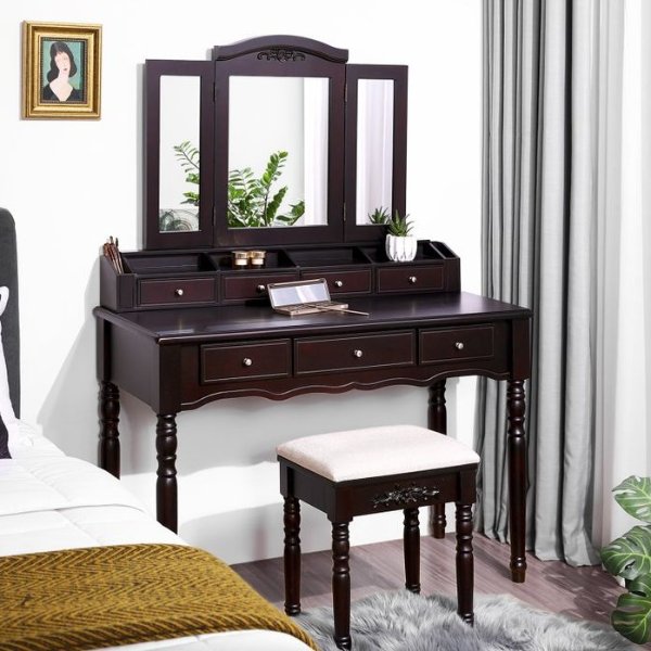 VASAGLE Brown Makeup Table with Tri-Fold Mirror