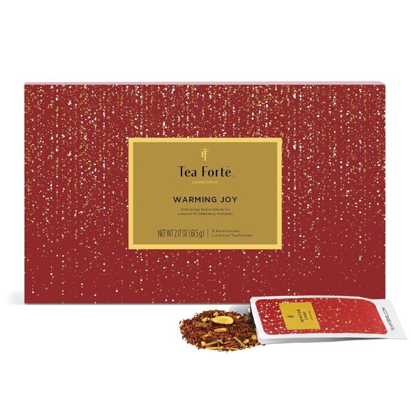 WARMING JOY Single Steeps Loose Leaf Tea Sampler Gift Set, Assorted Variety Holiday Tea Box, 15 Single Serve Pouches, Festive Winter Spice Blends