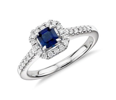 Asscher Cut Sapphire and Diamond Halo Ring in 14k White Gold (4x4mm) | Blue Nile