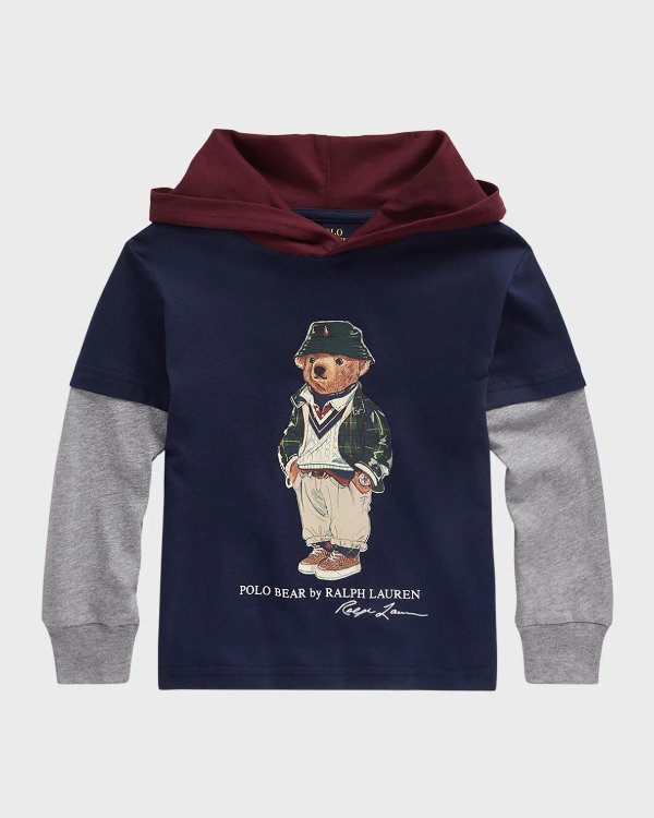 Boy's Graphic Polo Bear Hoodie T-Shirt Combo, Size 3-7