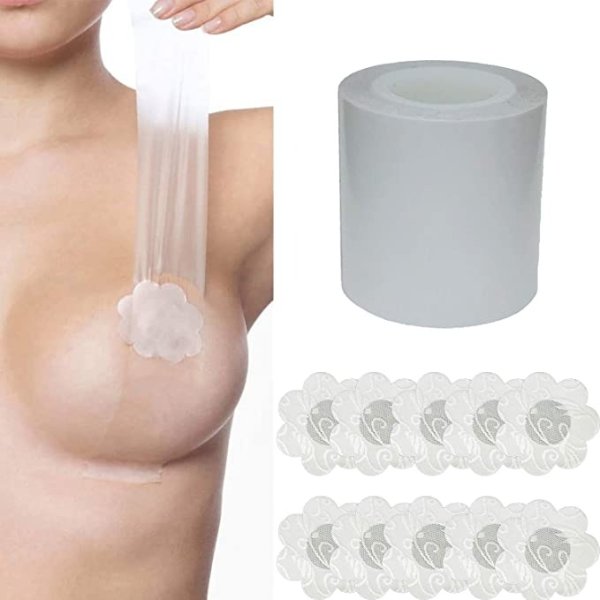 EMOET Transparent Breast Lift Tape and 10 Pcs Lace Petal Backless Nipple Cover Set,Fashion Medical Athletic Body Boop Push Up bob Tape Invisible boobtape Bra for Big Breas and Women Dresses or Clothes
