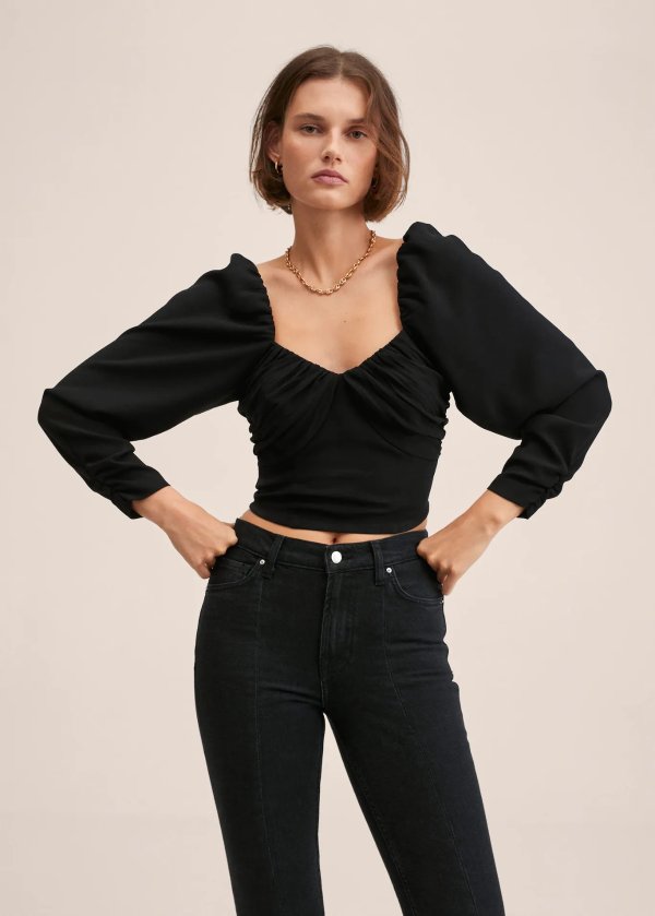 Puff-sleeved cropped blouse - Women | Mango USA