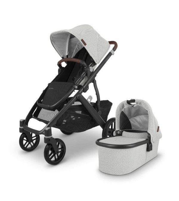 UPPAbaby Vista V2 Single-to-Double Stroller - Anthony (White and Grey Chenille / Carbon / Chestnut Leather)