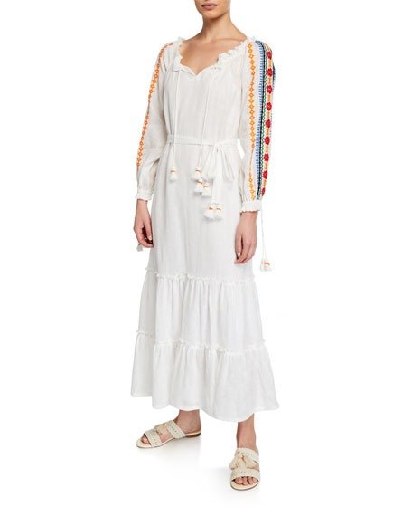 Embroidered Split-Neck Long-Sleeve Peasant Dress