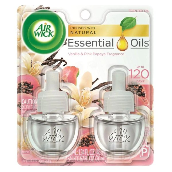 Plug In Scented Oil with Essential Oils, Air Freshener Vanilla & Pink Papaya, Twin Refill
