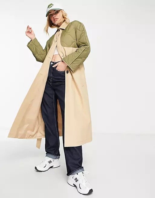 hybrid quilted trench coat in khaki