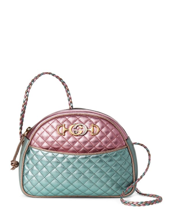 Pink & Blue Quilted Laminated Leather Small Shoulder Bag