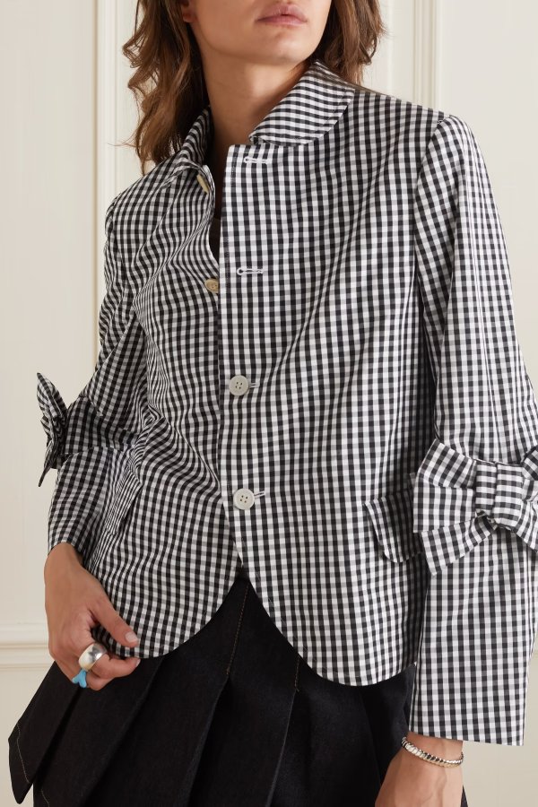 Bow-detailed cropped gingham cotton-poplin jacket