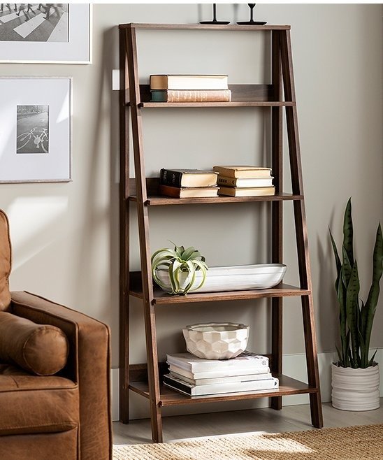 Dark Walnut Wood Ladder Bookshelf
