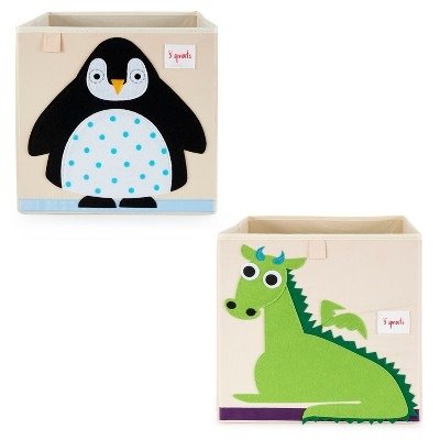 3 Sprouts Kids Childrens 13 Inch Square Felt Green Dragon Foldable Storage Cube Bin with Black/White Penguin Fabric Storage Cube Bin