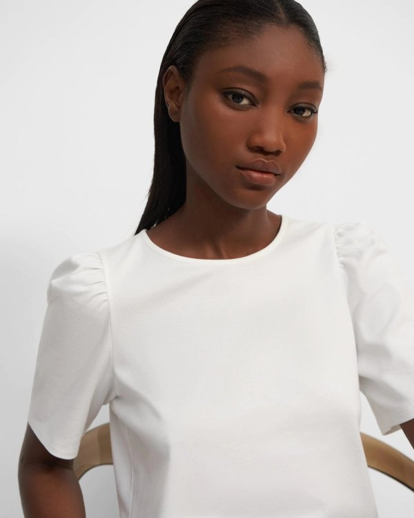 Short-Sleeve Ruched Tee in Cotton Jersey