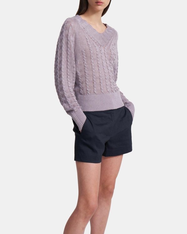 Textured V-Neck Sweater in Linen-Viscose