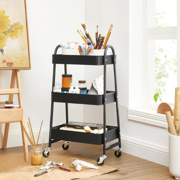 3-Tier Rolling Cart, Metal Storage Cart, Kitchen Storage Trolley with 2 Brakes and Handles, Utility Cart, Easy Assembly, for Painting Utensils Bedroom Laundry Room, Black UBSC068B01