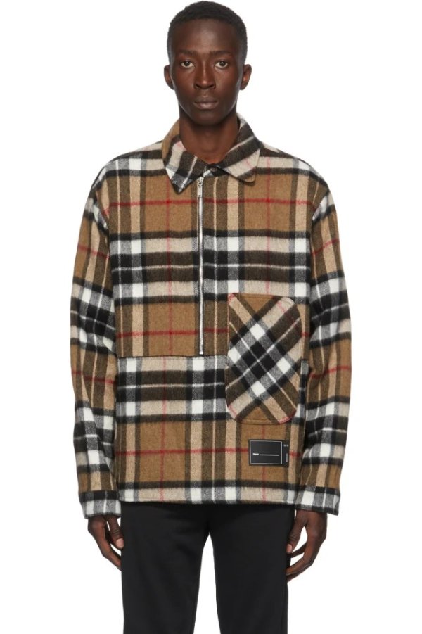 Brown Wool Check Half-Zip Anorak Shirt