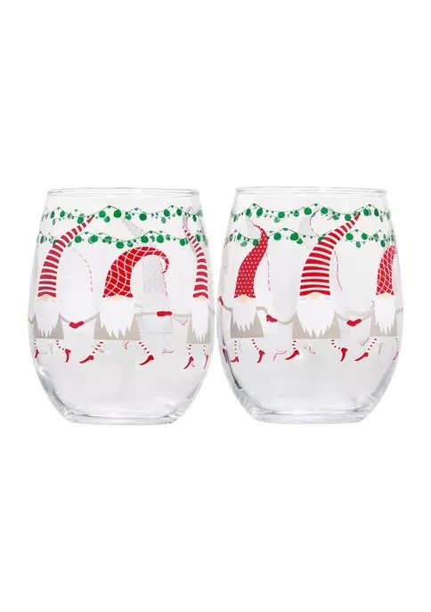 Set of 2 Stemless Wine Glasses - Gnomes with Red Hats