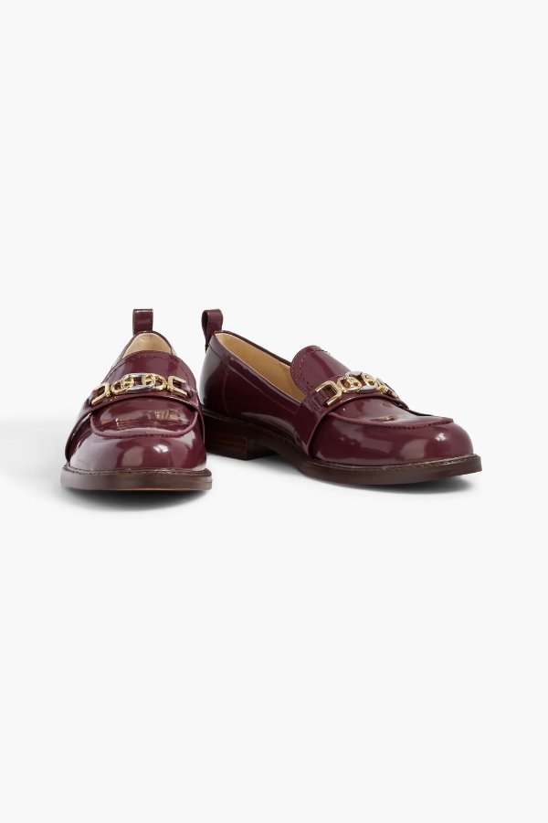 Chain-embellished faux patent-leather loafers