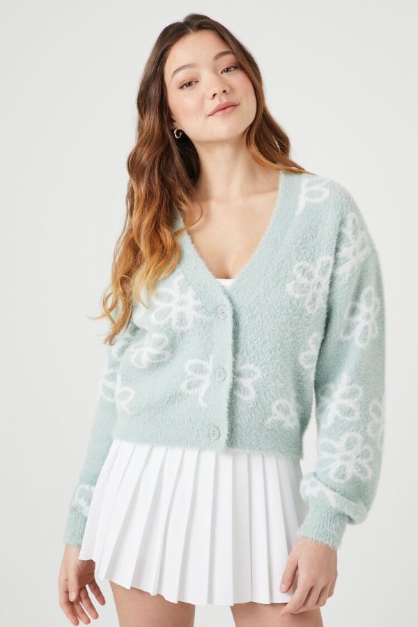 Floral Print Fuzzy Cardigan Sweater