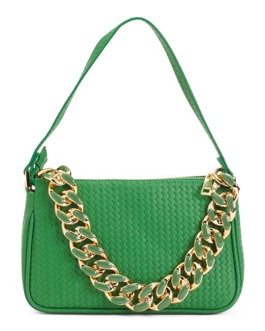 Made In Italy Leather Woven Shoulder Bag With Chain Detail