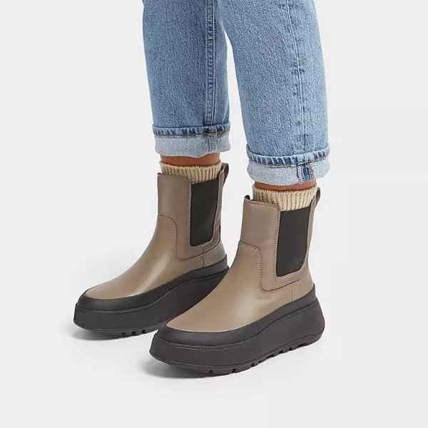 F-MODE Water-Resistant Fabric/Leather Flatform Chelsea Boots