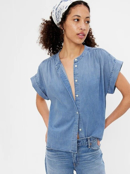 Denim Shirred Button-Front Shirt with Washwell