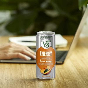 V8 +ENERGY Peach Mango Energy Drink, Made with Real Vegetable and Fruit Juices, 8 Ounce Can (Pack of 12)