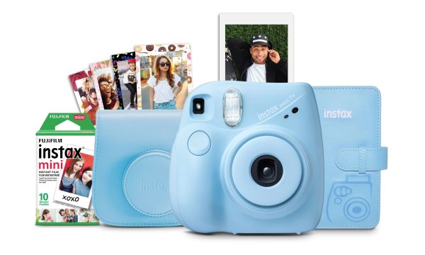 INSTAX Mini 7+ Bundle (10-Pack Film, Album, Camera Case, Stickers), Light Blue, Brand New Condition
