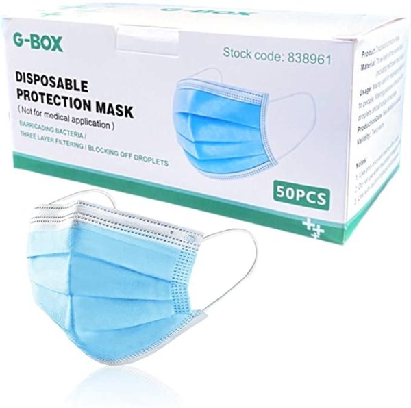 G-Box 3-Ply Adult Disposable Face Masks with Elastic Earloops & Metal Nose-wire (50, Blue)