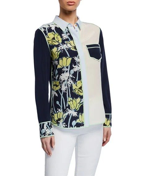 Jackie Colorblock Button-Front Long-Sleeve Silk Blouse