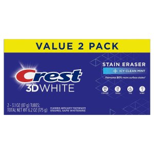 CrestCrest 3D White Stain Eraser Teeth Whitening Toothpaste, ICY Clean Mint, 3.1 oz, Pack of 2