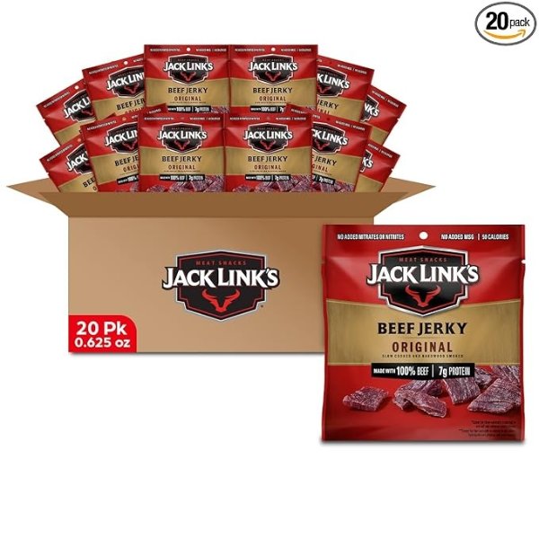 Jack Link’s Beef Jerky 20 Count Multipack, Original, 20, .625 oz. Bags – Flavorful Meat Snack for Lunches, Ready to Eat – 7g of Protein, Made with 100% Beef – No Added MSG or Nitrates/Nitrites