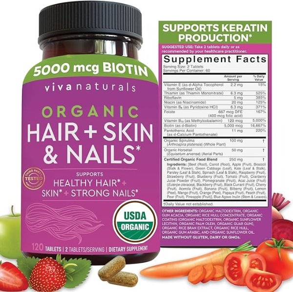Organic Hair Skin and Nails Vitamins for Women– Biotin 5000 mcg Supplement to Support Normal Hair Growth and Glowing Skin, USDA Organic Supports Strong and Healthy Nail Growth, 120 Tablets
