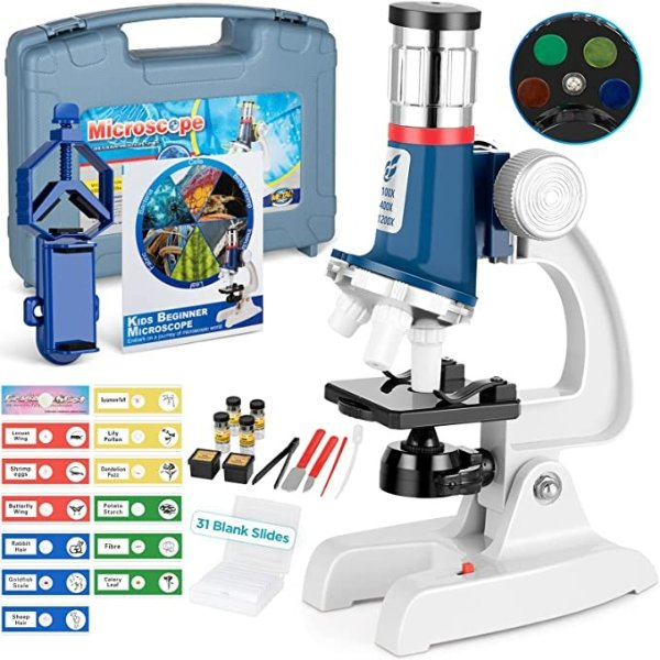 Uarzt 儿童金属机身显微镜，带LED 灯、科学实验58套件