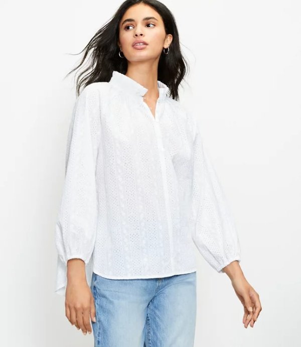 Embroidered Pleated Collar Blouse | LOFT