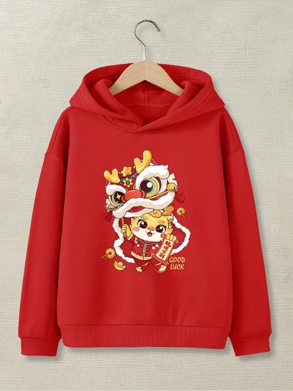 Boys/Girls Chinese New Year 'Dragon Dance' Print Hoodies, Comfy Long Sleeve Fleece Warm Sweater Tops For Holiday Outdoor