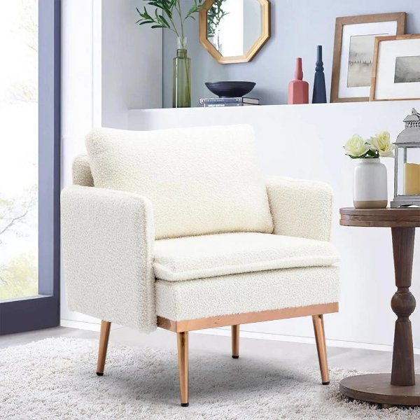 White Modern Plush Upholstered Accent Chair with Golden Metal Legs