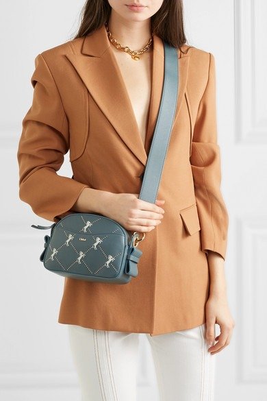 Studded embroidered leather shoulder bag