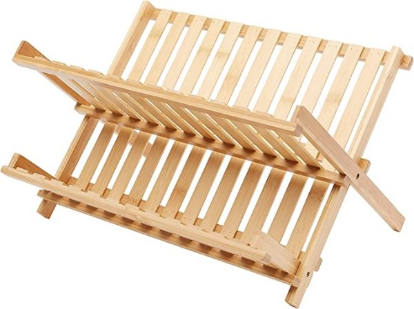 Amazon Basics Folding 2-Tier Wide-Slat Bamboo Dish Drying Rack - Collapsible, Natural