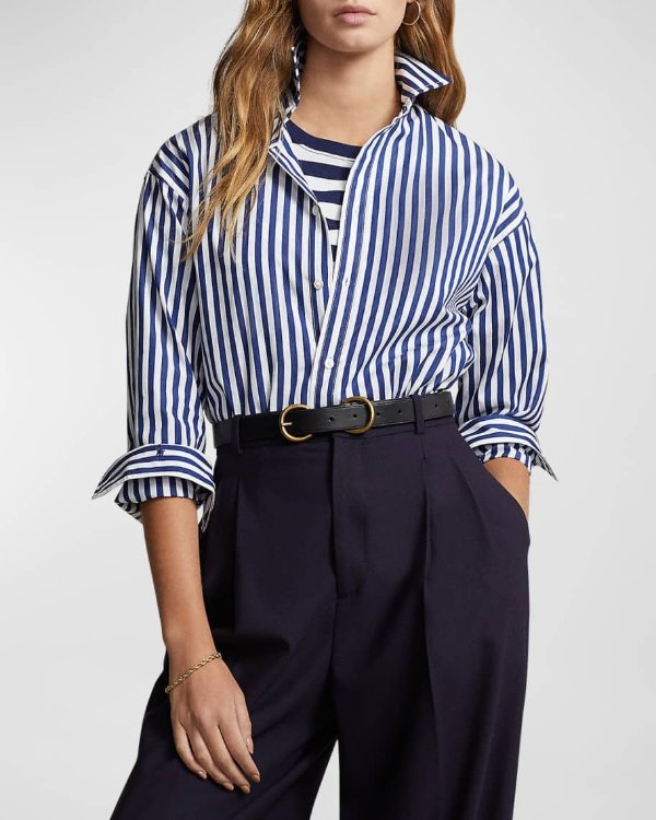 Relaxed-Fit Contrast-Stripe Cotton Shirt