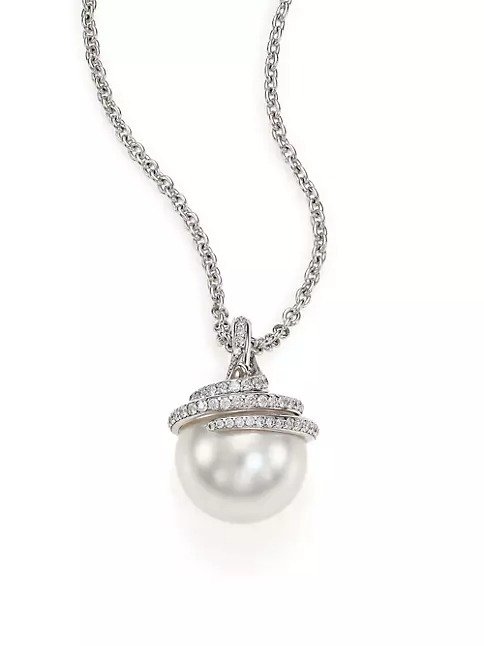 Twist 11MM White Cultured South Sea Pearl, Diamond & 18K White Gold Pendant Necklace