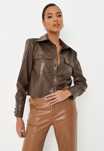 - Chocolate Faux Leather Straight Cropped Shirt