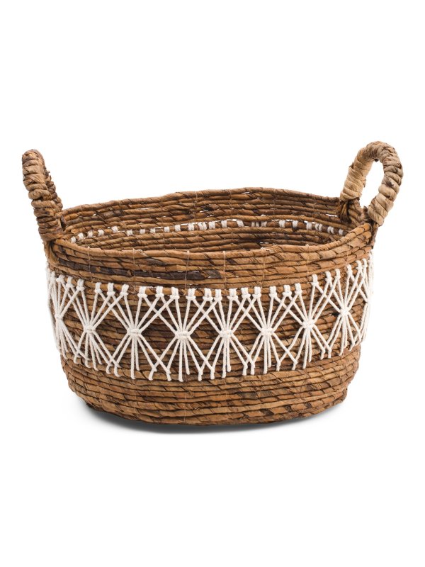 Banana Oval Basket With Cross Macrame Accent