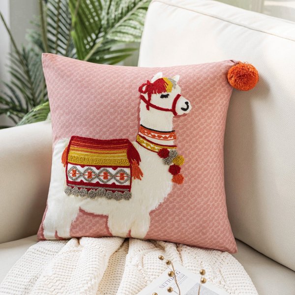 Llama Embroidered Decorative Pillow for Kids by Phantoscope, 18" x 18"