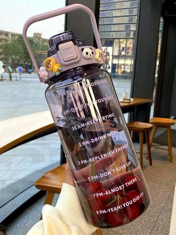 1pc 67.63 oz/2L Large Capacity purple PC Water Bottle with 3D Sticker Sports Fitness Portable Straw Cup, Suitable for Home and Outdoor Travel