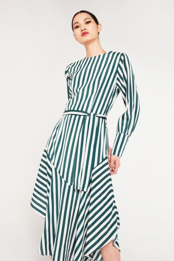 Asymmetric Striped Midi Dress