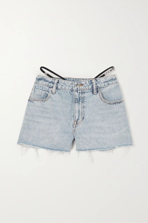 Crystal-embellished elastic-trimmed frayed denim shorts