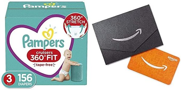 Pull-on Cruisers 360° Fit Disposable Baby Diapers with Stretchy Waistband - Size 3, 156 Count, ONE Month Supply (Packaging May Vary) + $10 Amazon.com Gift Card