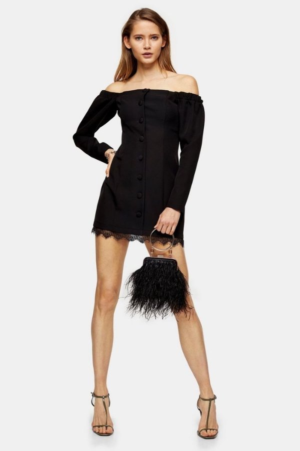 Black Lace Bardot Mini Dress