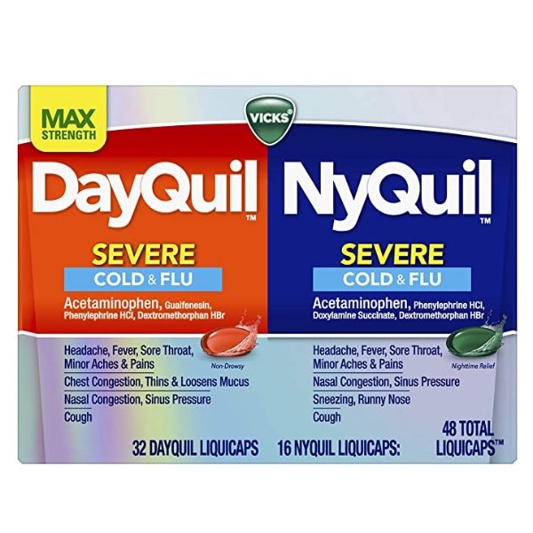 DayQuil and NyQuil SEVERE Combo, Cold & Flu Medicine, Max Strength Relief For Fever, Sore Throat, Nasal Congestion, Sinus Pressure, Stuffy Nose, Cough, 48 Count, 32 DayQuil, 16 NyQuil